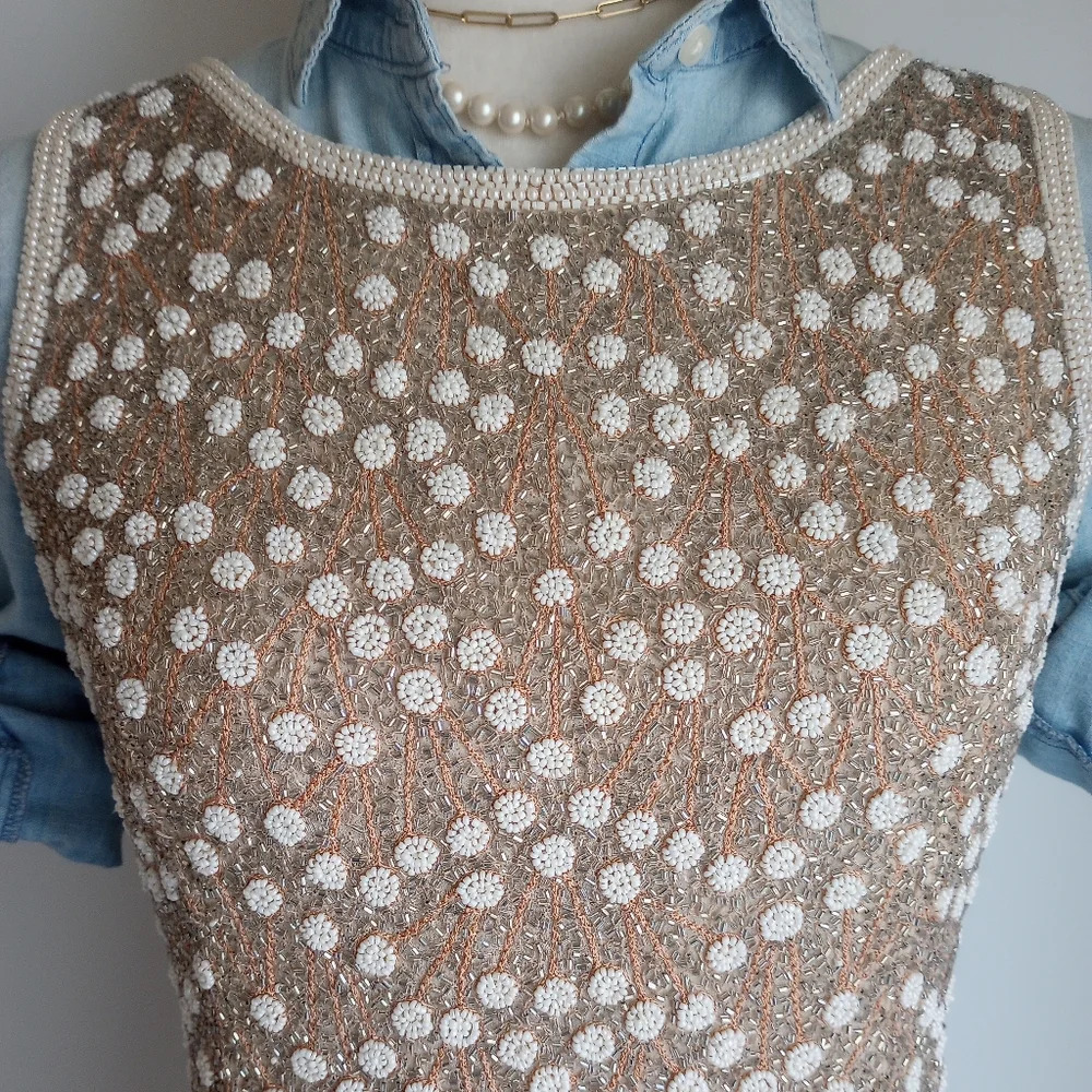 Adrianna Papell Gold White Pearl Beaded Layering Top Sleeveless Silk Size 8P - Picture 3 of 15